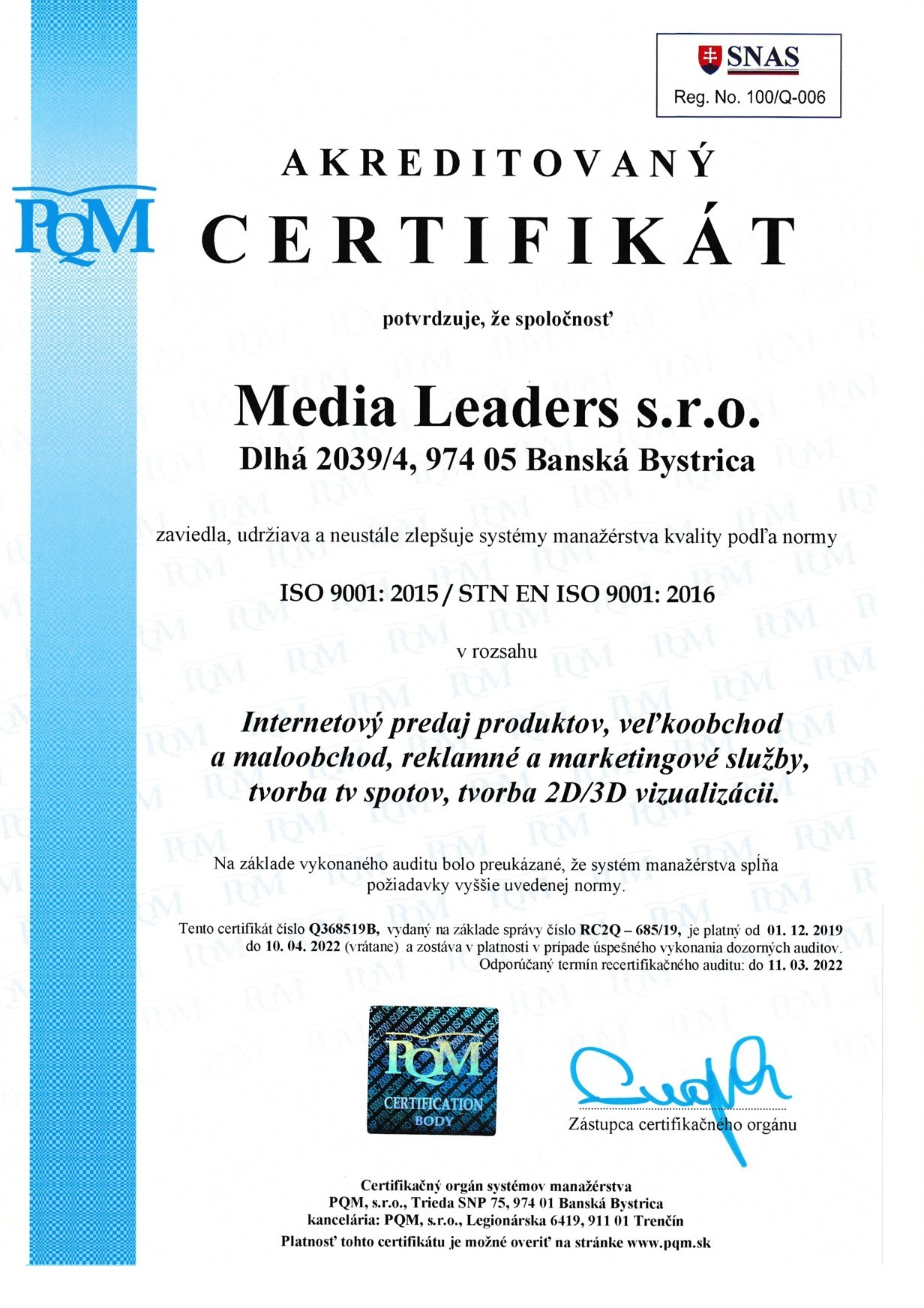 ċertifikat iso 9001 media leaders sro