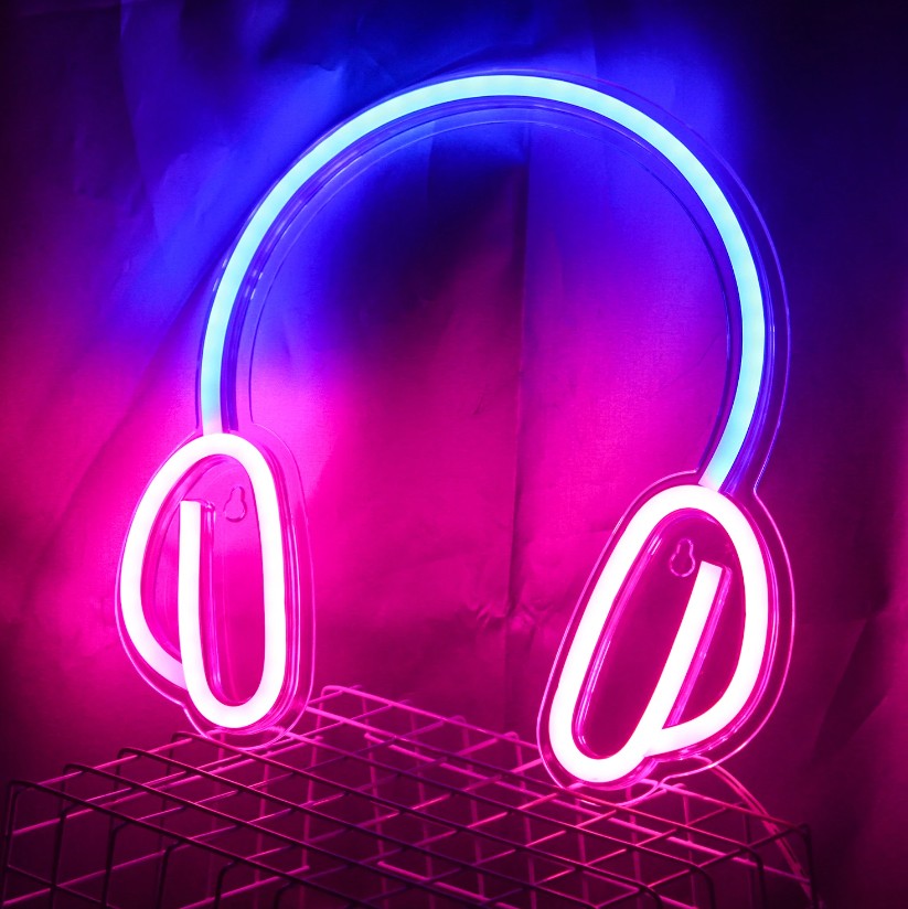 headphones - logo ta 'sinjal tan-neon LED illuminat imdendel mal-ħajt