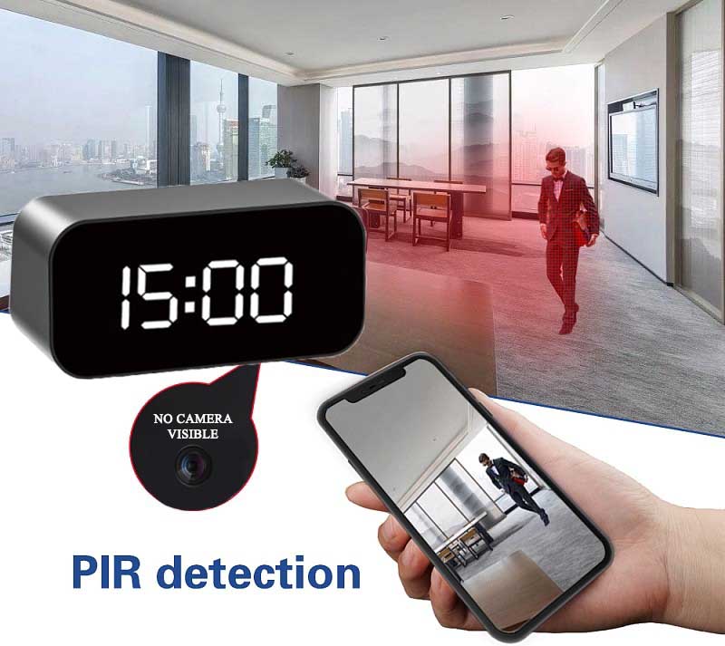 kamera f'arloġġ ta 'allarm b'pir detector u viżjoni bil-lejl