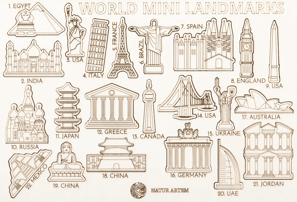 aċċessorji monumenti tad-dinja għall-mappa tal-injam fuq il-ħajt