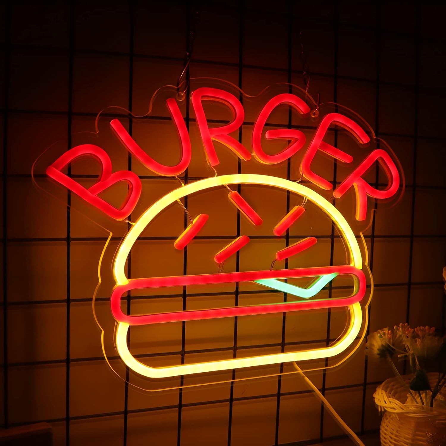 logo ta 'sinjal tan-neon tad-dawl tal-burger fuq il-ħajt